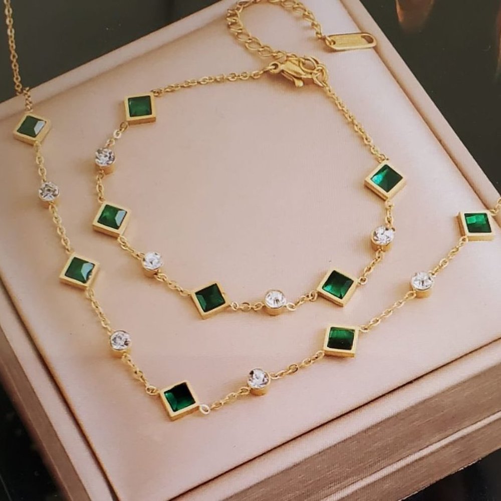 Stainless Steel necklace, white and green zircon crystal bracelet set